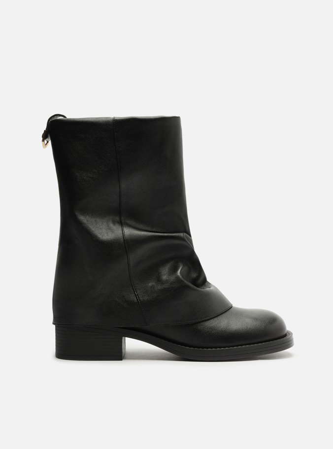 Bota Preta Couro Cano Curto Bloco Polaina