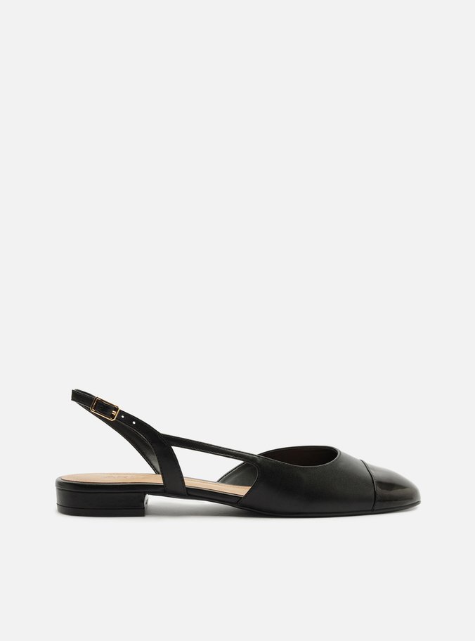 Sapatilha Preta Couro Slingback Cap Toe Verniz