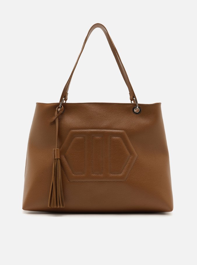 Bolsa Shopping Marrom Grande Granulada Franja