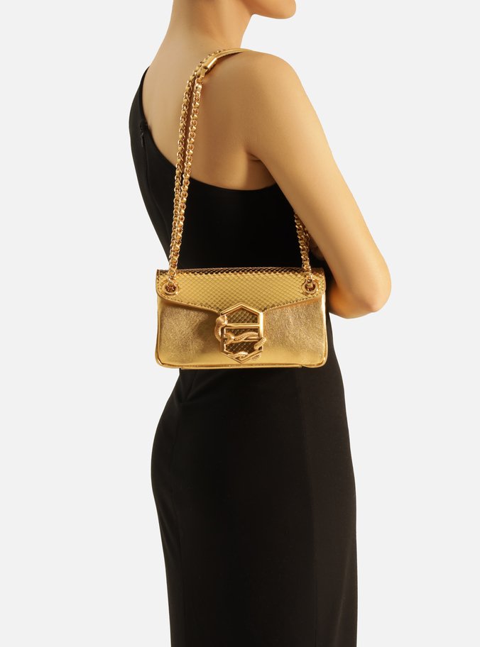Bolsa Tiracolo Dourada Couro Snake Pequena