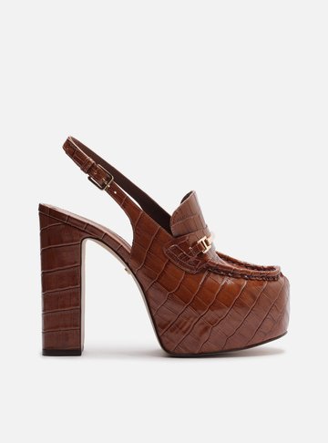 Loafer Marrom Croco Salto Bloco Meia Pata