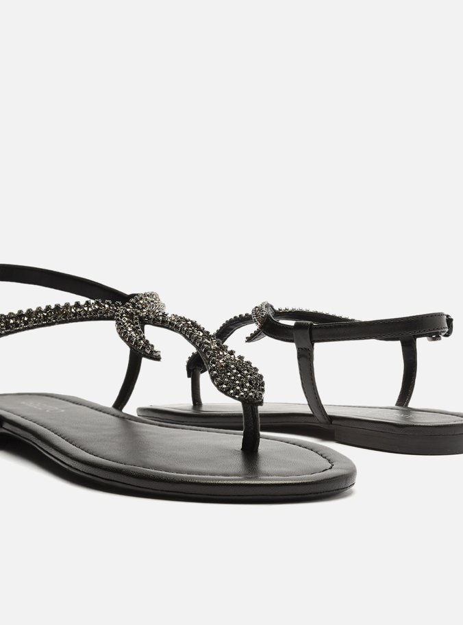 Rasteira Preta Tiras Slim Pedraria Snake