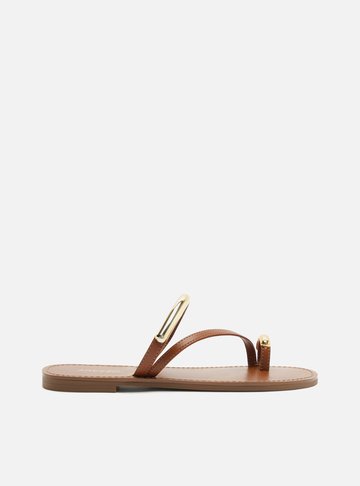 Rasteira Marrom Tiras Finas Metal Dourado