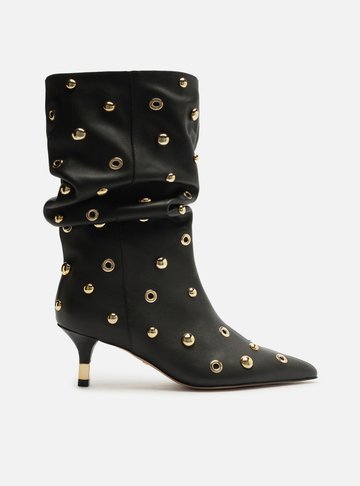 Bota Preta Couro Salto Fino Slouchy Rebites