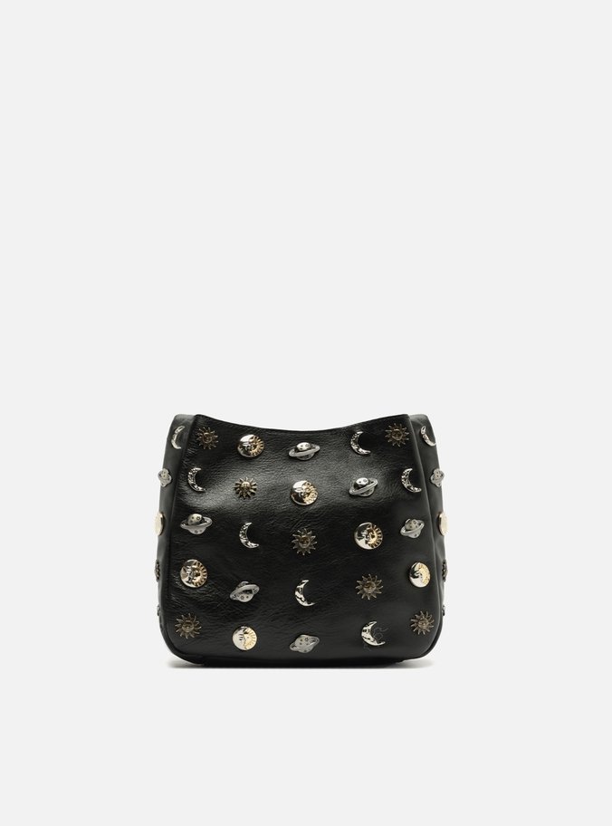 Bolsa Tiracolo Preta Couro Pequena Metais TIG