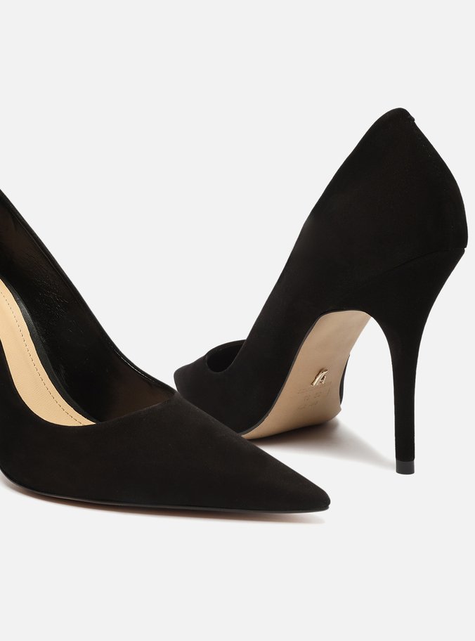 Scarpin Preto Nobuck Salto Alto Fino Bico Fino