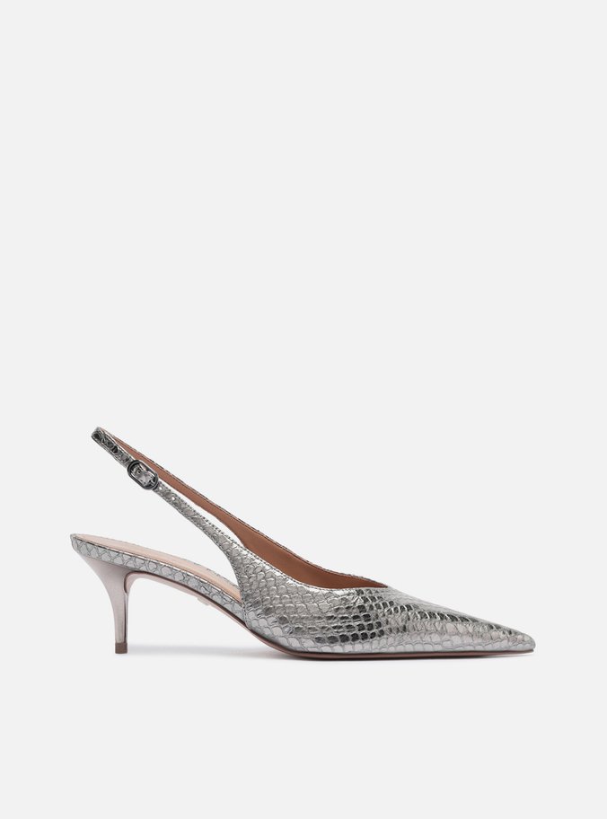 Scarpin Prateado Couro Salto Fino Fivela Slingback