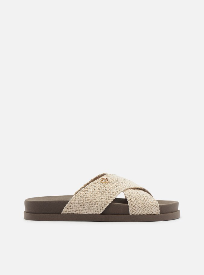 Sandália Slide Off White Tiras Crochê Brizza