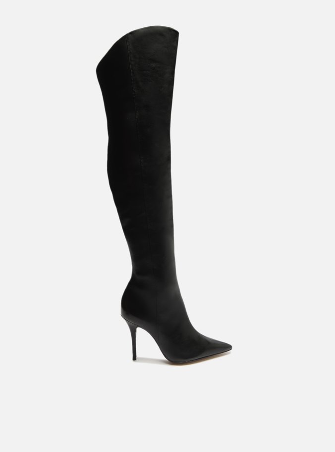 Bota Over The Knee Preta Couro Bico Fino