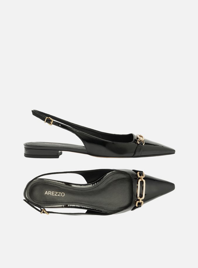 Sapatilha Preta Bico Fino Slingback Metal
