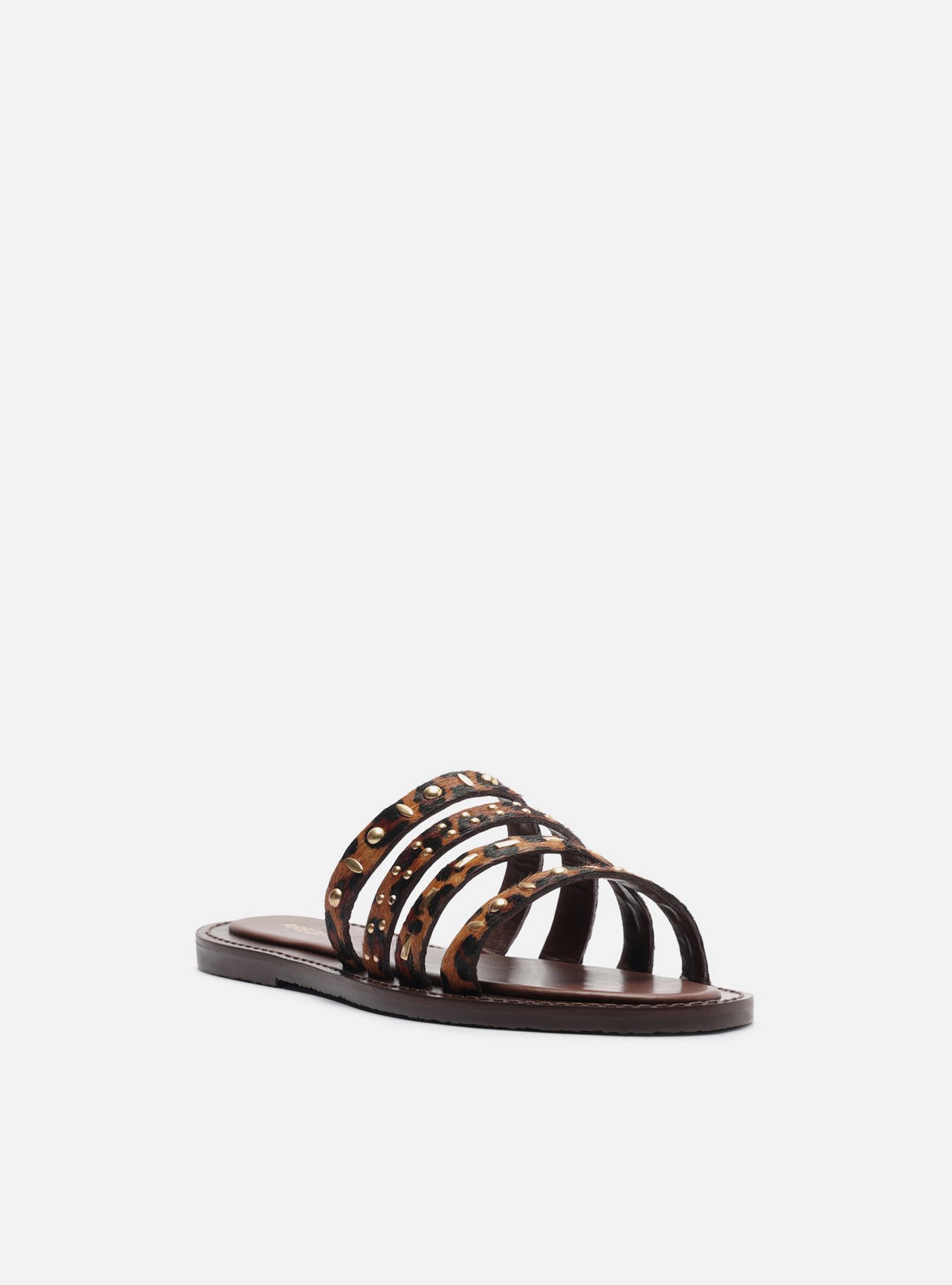 Sandália Rasteira Animal Print Couro Bico Redondo Tachas — foto 2