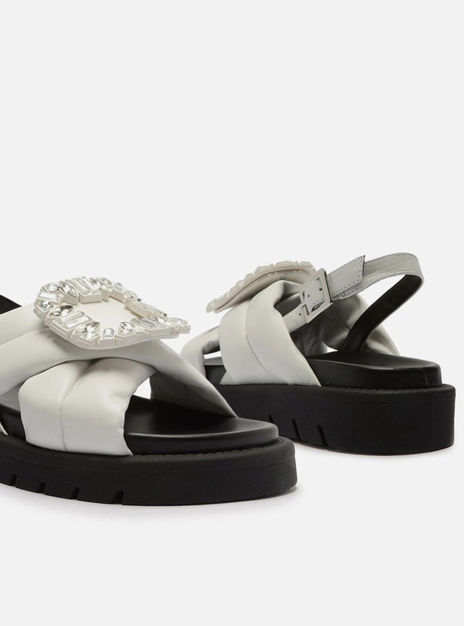 Sandália Papete Branca Couro Flatform Pedraria