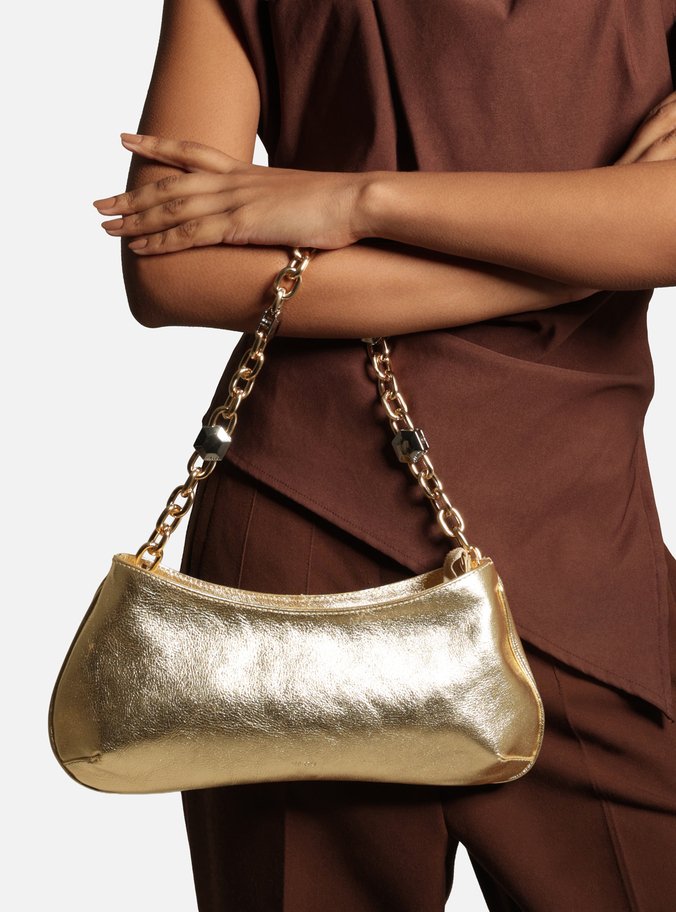 Bolsa Baguete Dourada Couro Média Corrente