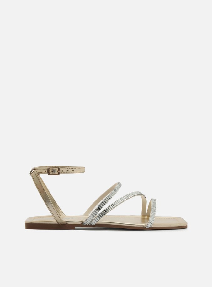 Sandália Rasteira Dourada Tiras Aplicações