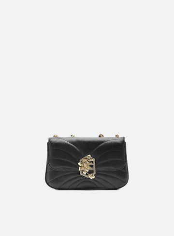 Bolsa Tiracolo Preta Couro Pequena Metal Flor
