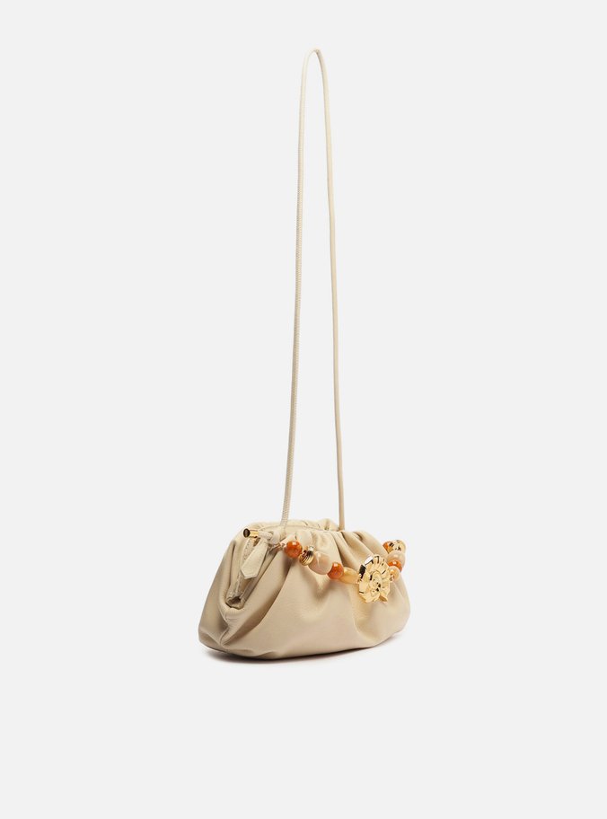 Clutch Branca Couro Média Pedrarias Concha