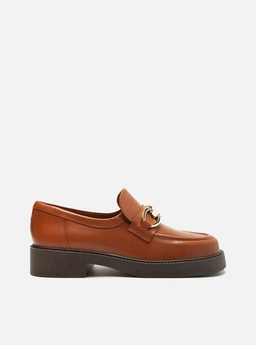 Mocassim Marrom Couro Salto Bloco Bridão