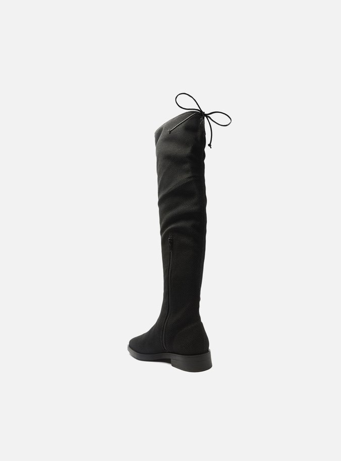 Bota Over The Knee Preta Tecido Salto Baixo