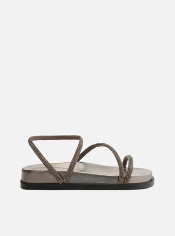 Sandália Papete Prata Strass Tira Curva