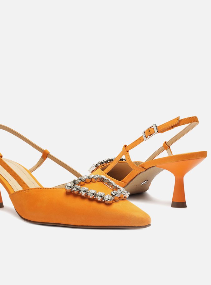 Scarpin Laranja Nobuck Bico Fino Slingback Emily