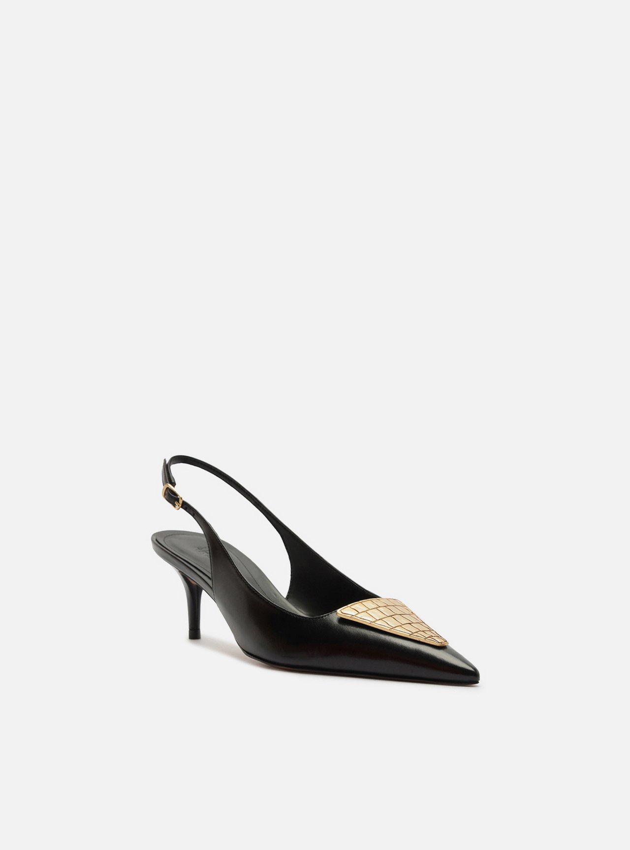 Scarpin Preto Couro Salto Fino Metais Slingback — foto 2