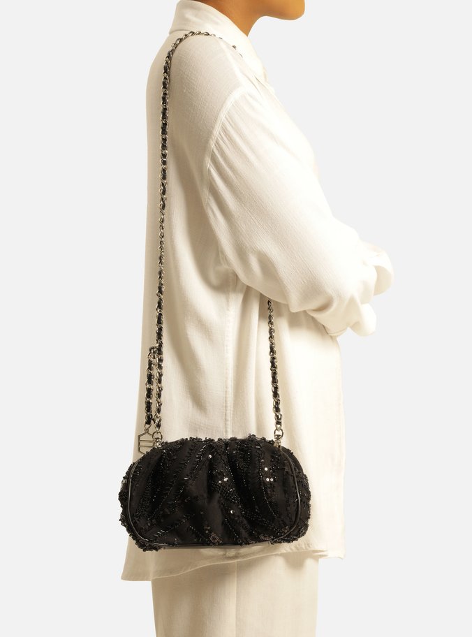 Bolsa Tiracolo Preta Tule Pequena Cristais