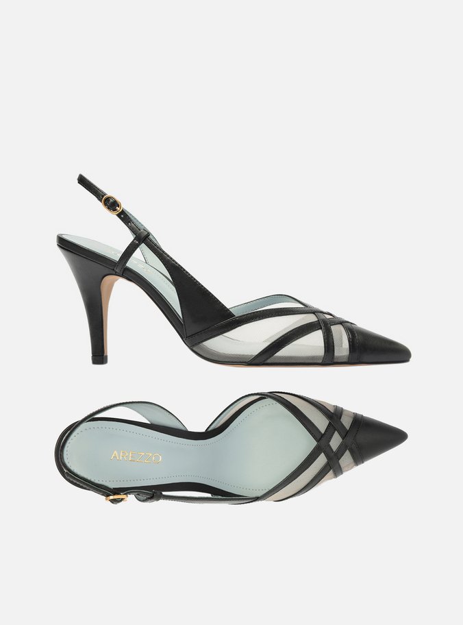 Scarpin Preto Couro Tela Salto Médio Fivela