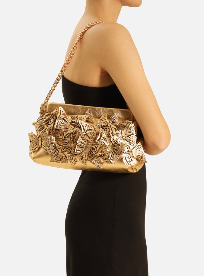 Clutch Dourada Couro Pequena Borboletas