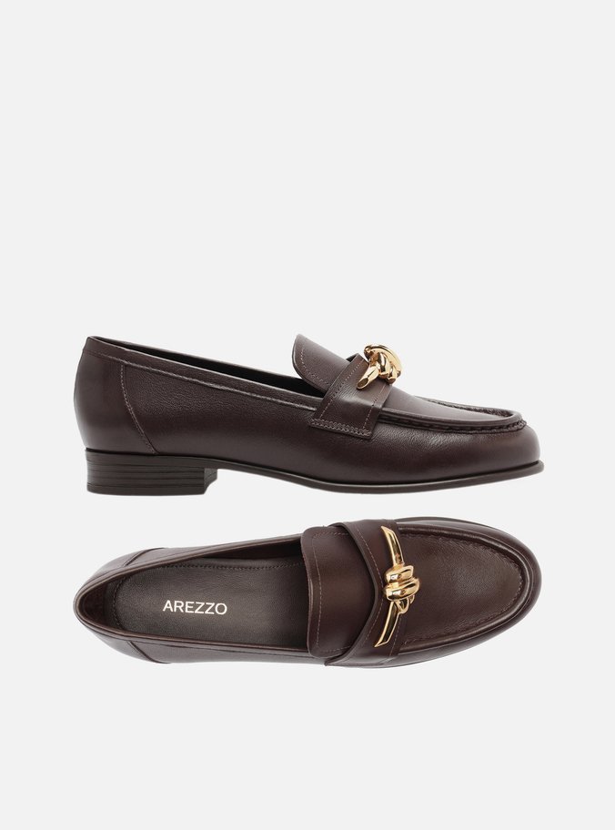 Mocassim Marrom Couro Bico Redondo Metal Nó