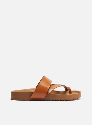 Papete Marrom Couro Flatform Tiras Cruzadas