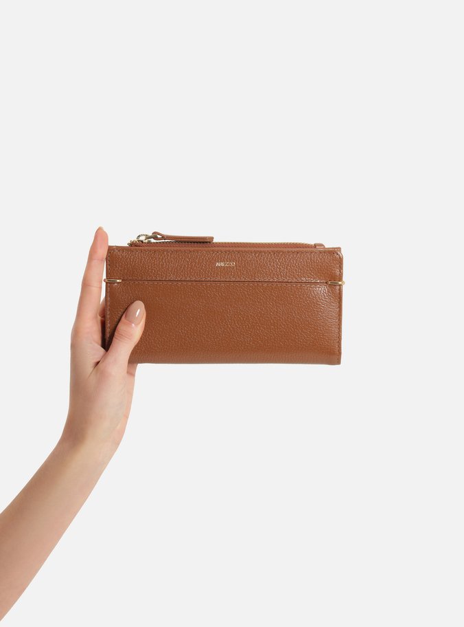 Carteira Caramelo Couro Grande Zíper Metais