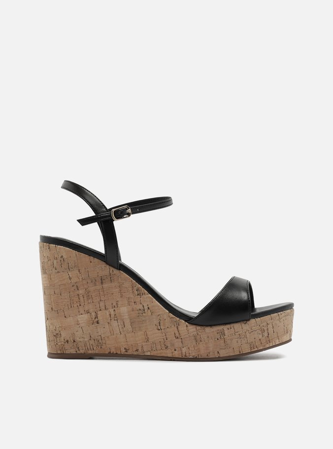 Sandália Preta Plataforma Salto Alto Cortiça