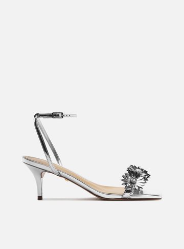 Sandália Prata Salto Baixo Flores