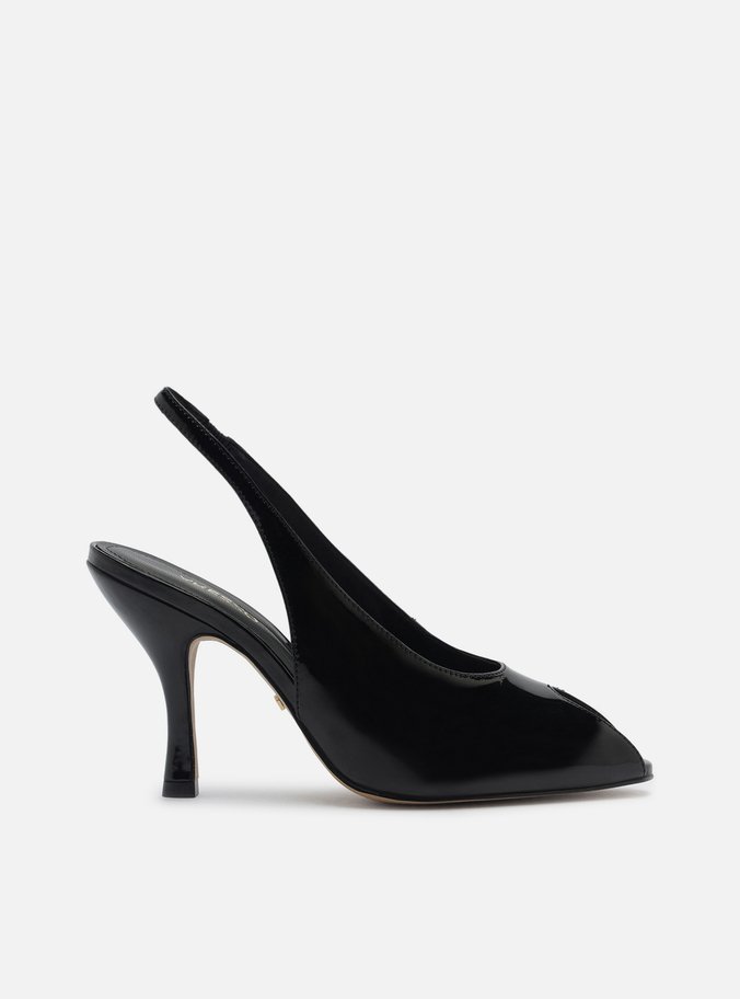 Peep Toe Preto Verniz Salto Alto Slingback