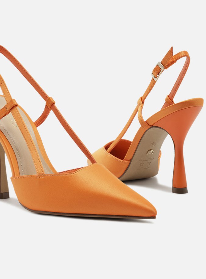 Scarpin Laranja Cetim Salto Alto Geométrico