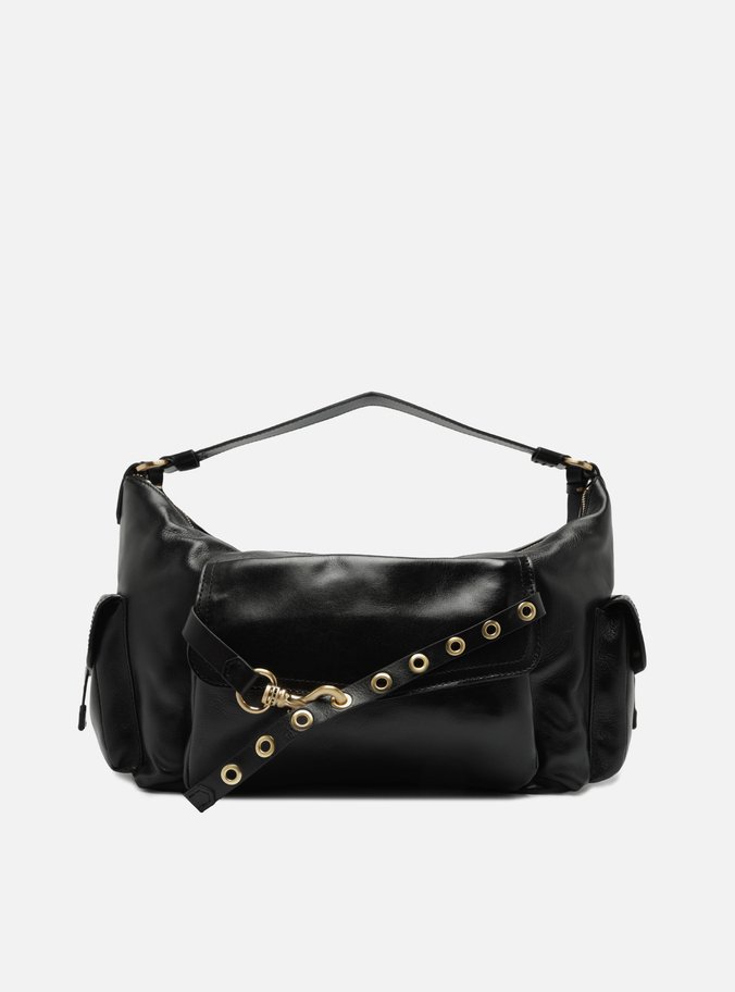 Bolsa Hobo Preta Couro Grande Tira Ilhós
