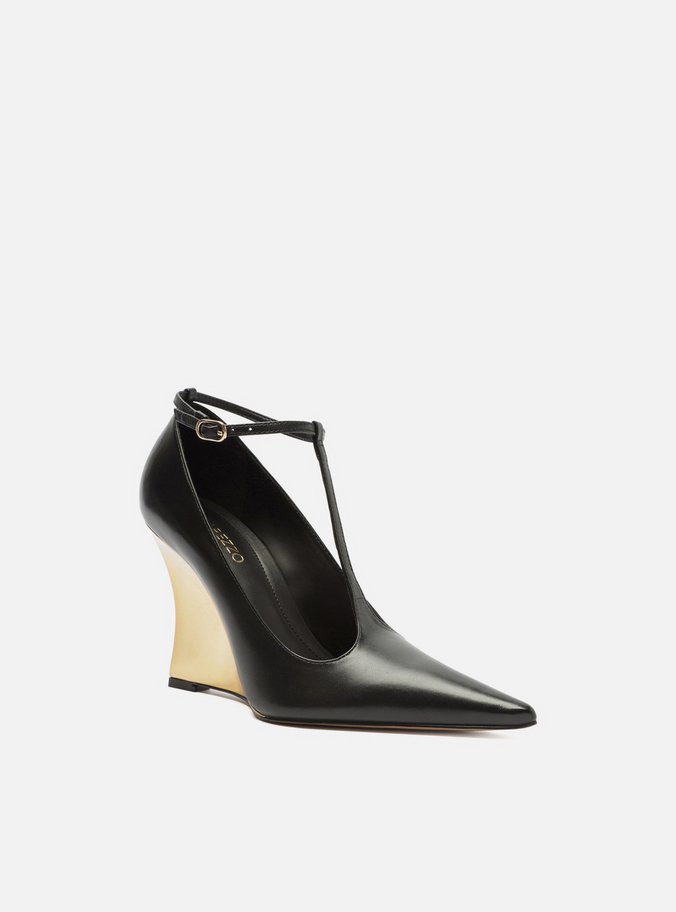 Scarpin Preto Couro Salto Anabela Dourado Tira