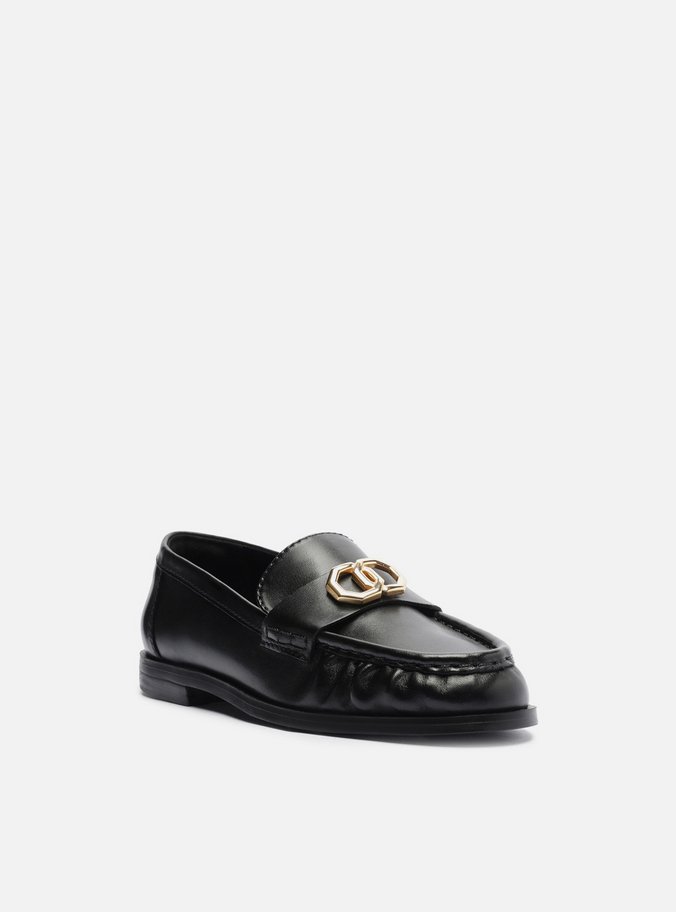 Mocassim Preto Couro Franzido Tira Metal