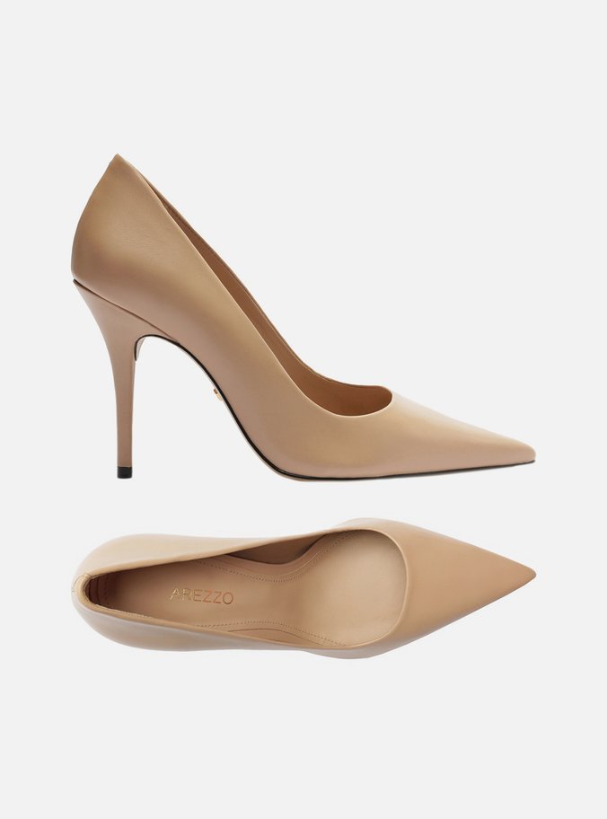 Scarpin Bege Couro Salto Alto Bico Fino