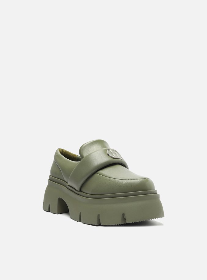 Mocassim Verde Couro Bico Redondo Puffer