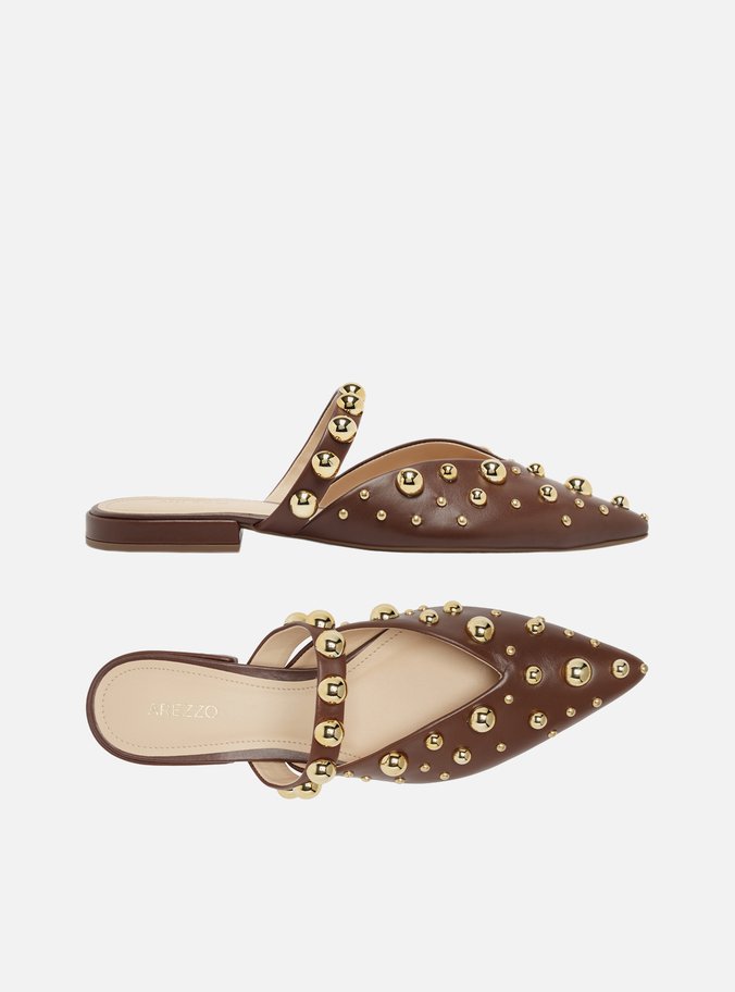 Mule Marrom Couro Fechada Tachas