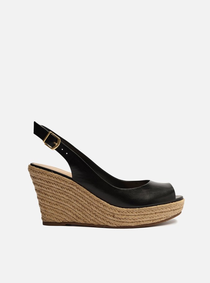 Espadrille Preta Couro Plataforma Fivela
