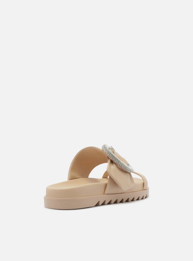 Sandália Nude Couro Flatform Fivela Cristais