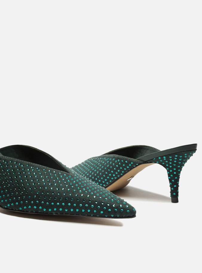 Mule Verde Camurça Salto Fino Strass