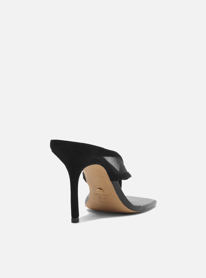 Mule Preta Tela Salto Alto Thong