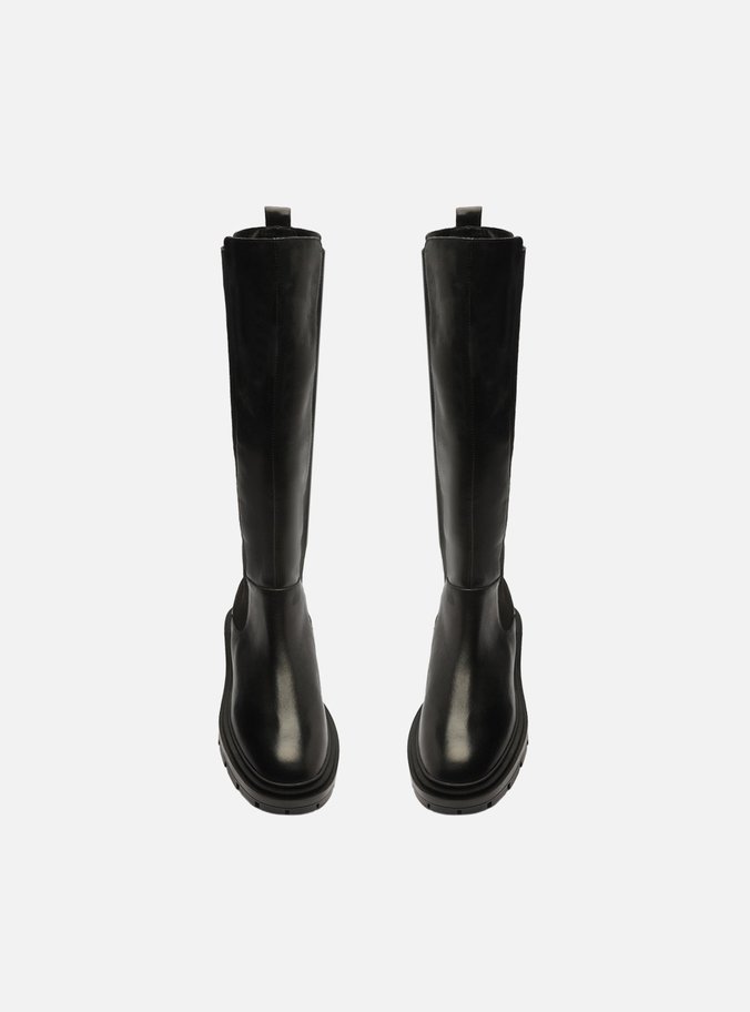 Bota Preta Couro Cano Longo Elástico