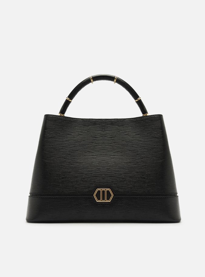 Bolsa Tote Preta Couro Grande Anéis