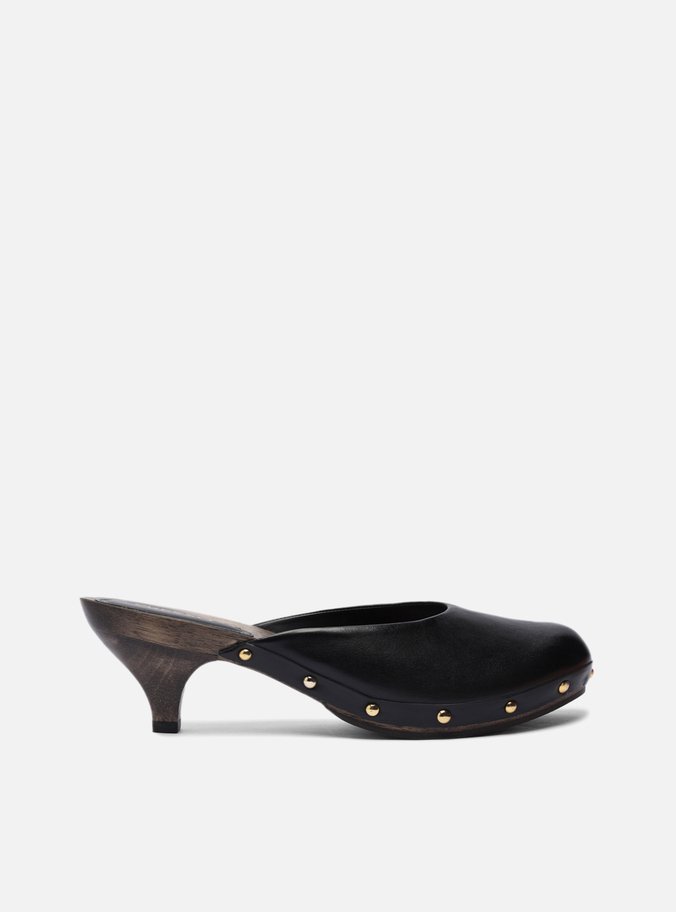 Mule Clog Preta Couro Salto Baixo