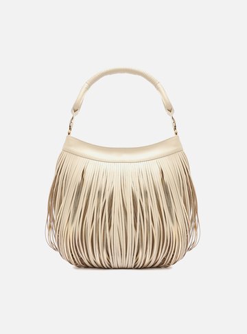Bolsa Hobo Off-White Couro Média Franjas Metalizada
