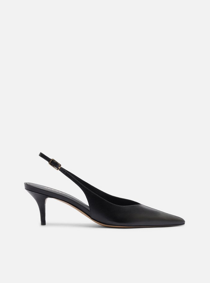 Scarpin Preto Couro Salto Kitten Slingback